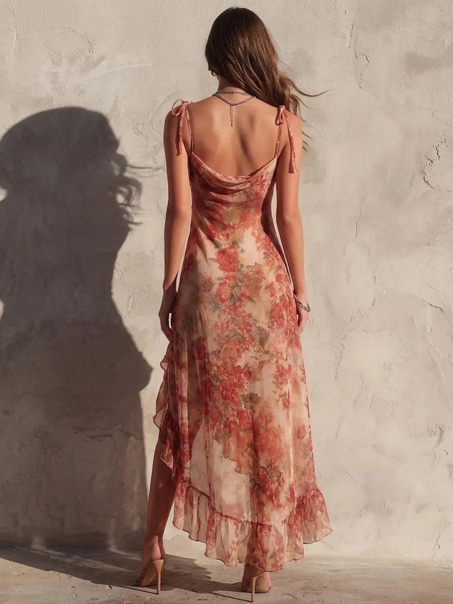 Women’s Midi Dress Asymmetric Floral Ruffle Slit 1