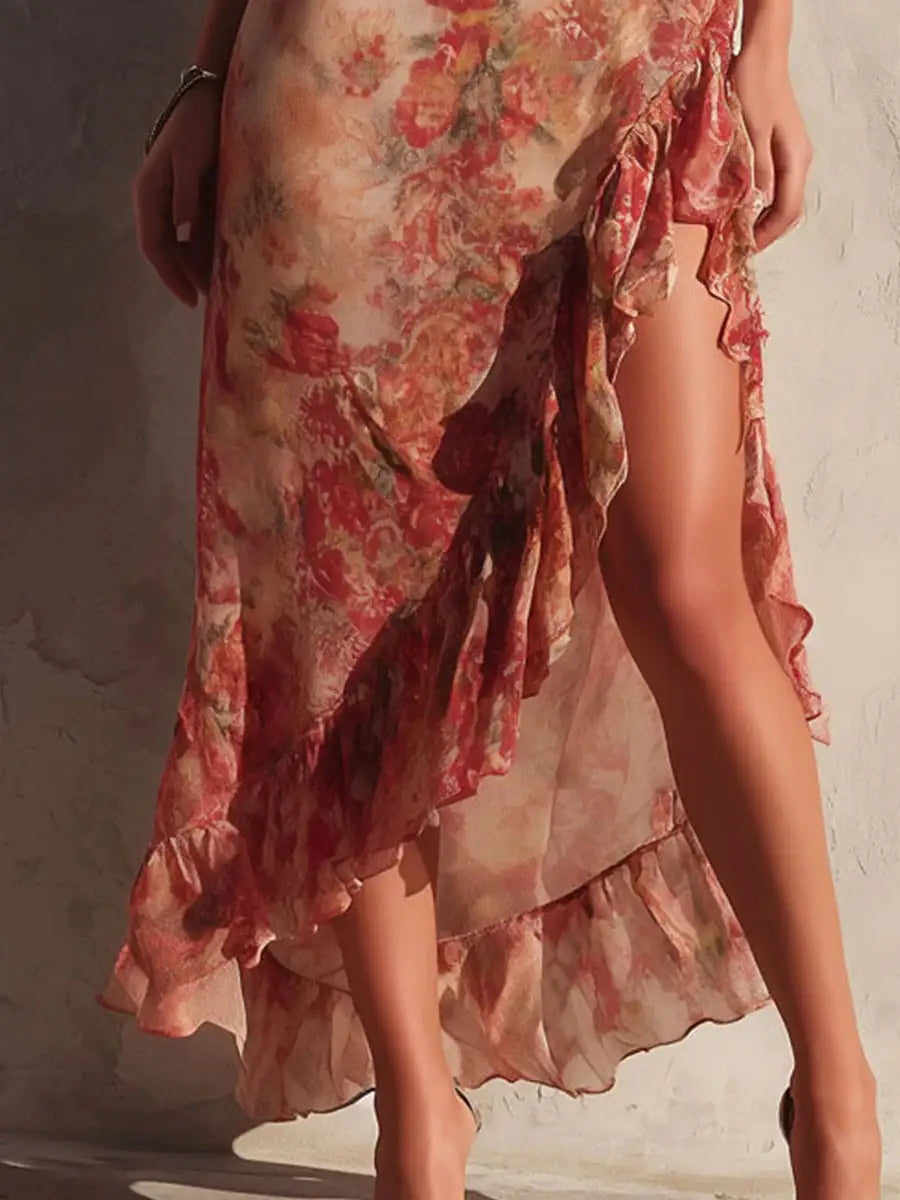 Women’s Midi Dress Asymmetric Floral Ruffle Slit 3