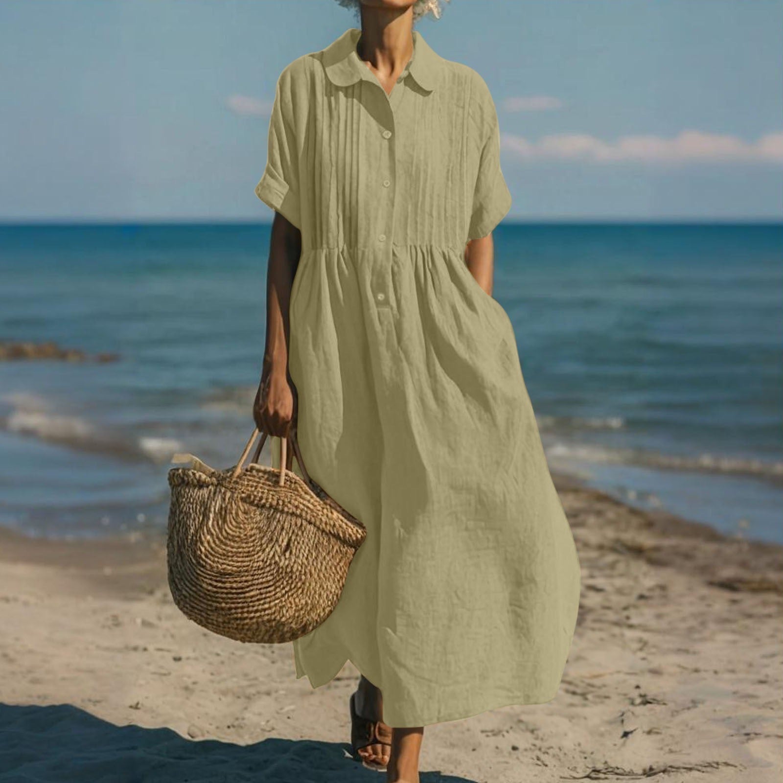 Women’s Midi Dress Breathable Cotton Button-Front Summer Style 9