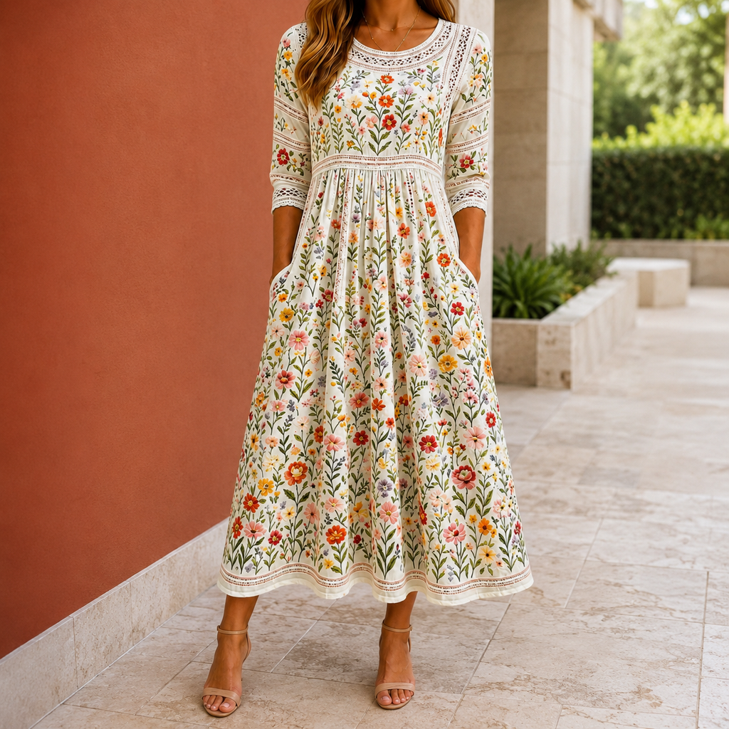Women’s Midi Dress Floral Embroidery and Lace Detail 0