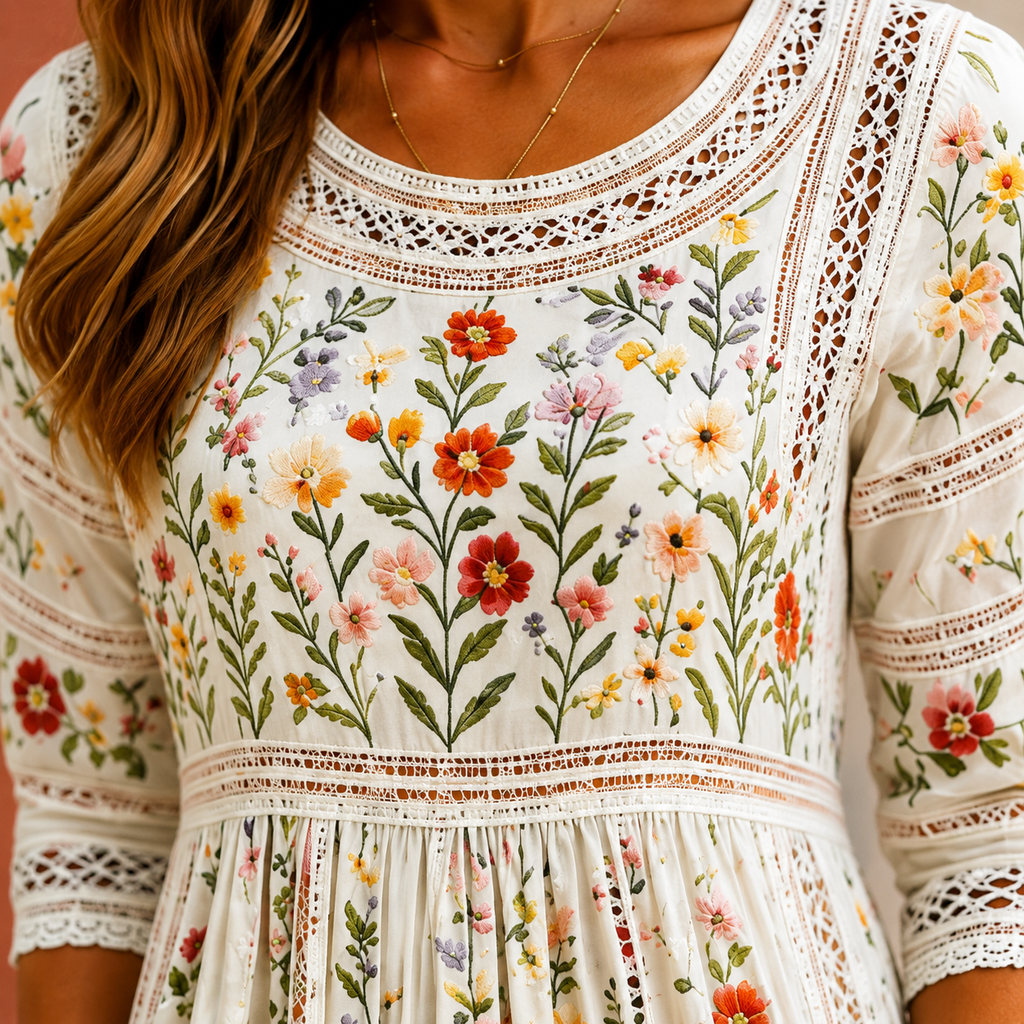 Women’s Midi Dress Floral Embroidery and Lace Detail 1