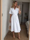 Women’s Midi Dress Short Sleeve Button Front with Waist Tie Summer Style 0