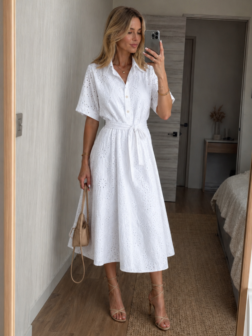Women’s Midi Dress Short Sleeve Button Front with Waist Tie Summer Style 0