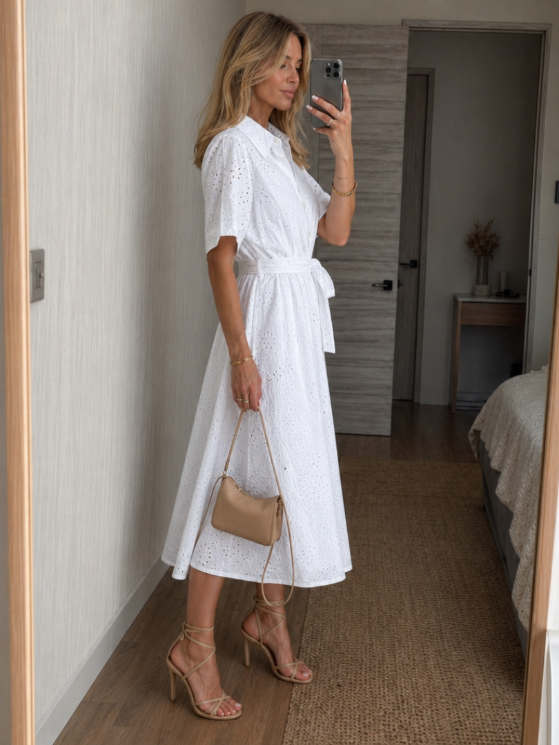 Women’s Midi Dress Short Sleeve Button Front with Waist Tie Summer Style 1