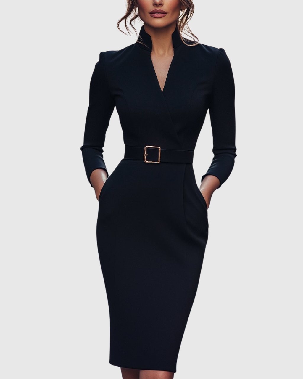 Women’s Midi Dress Sophisticated Mock Wrap Design with Functional Pockets 0