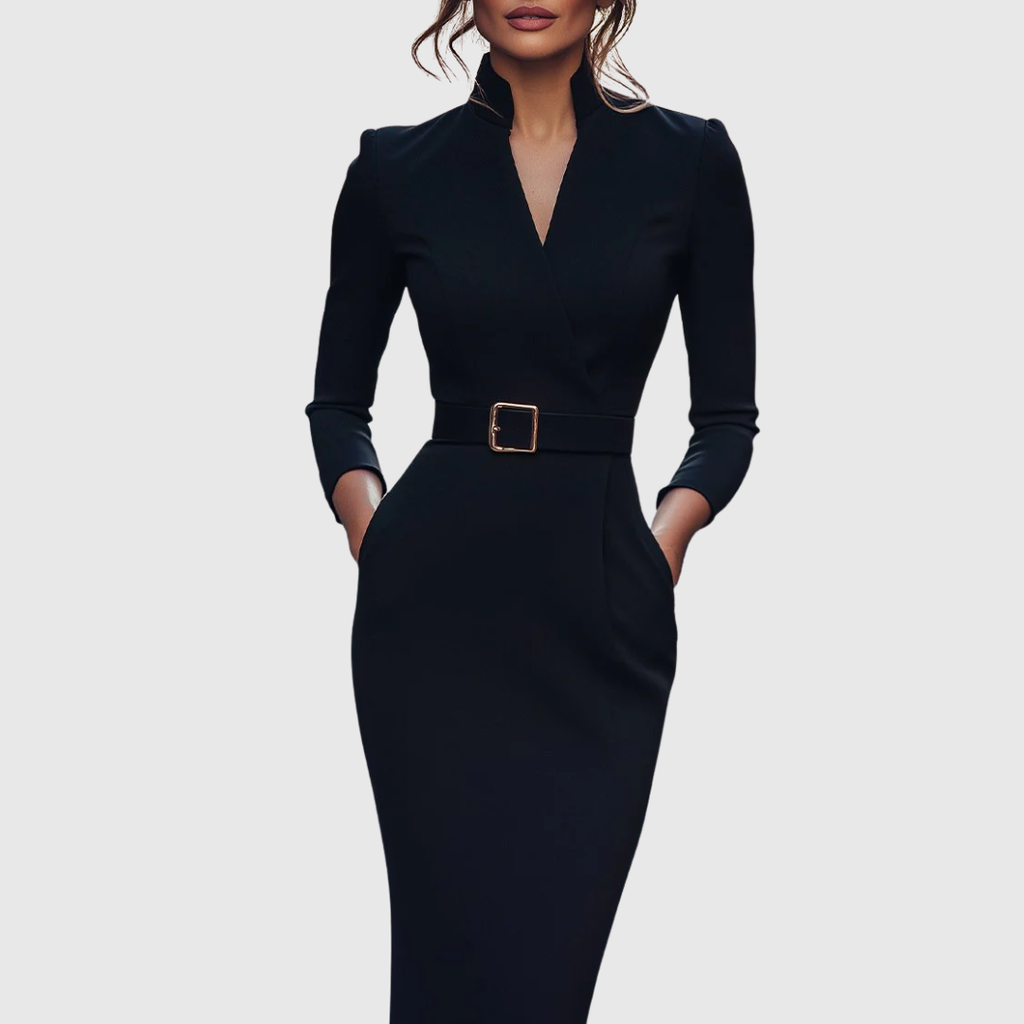 Women’s Midi Dress Sophisticated Mock Wrap Design with Functional Pockets 1