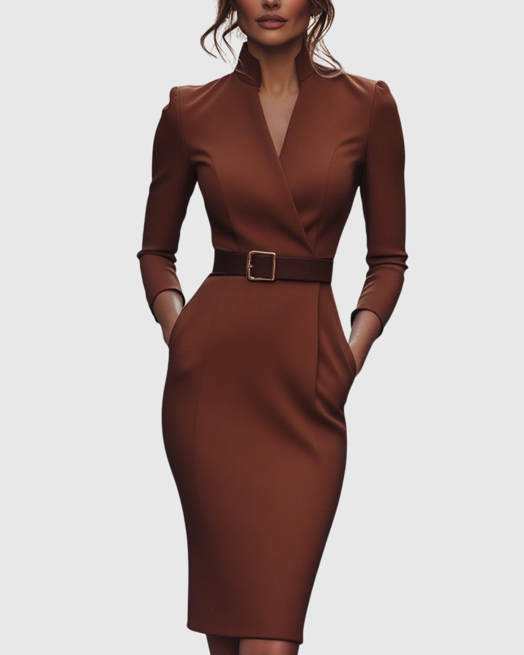 Women’s Midi Dress Sophisticated Mock Wrap Design with Functional Pockets 10