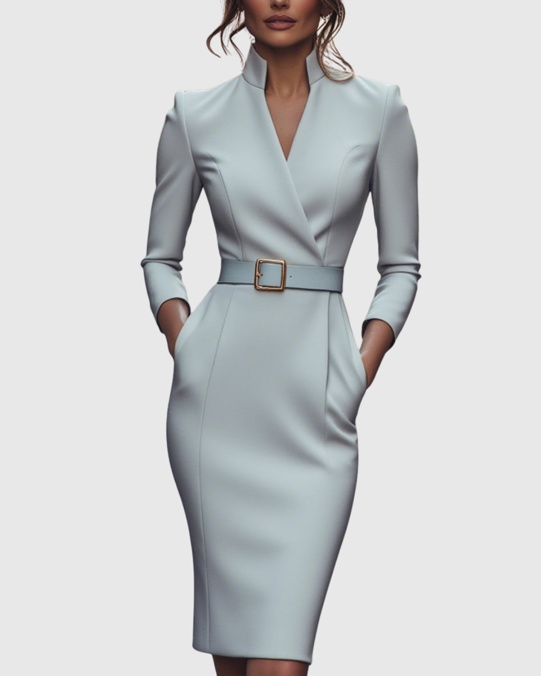 Women’s Midi Dress Sophisticated Mock Wrap Design with Functional Pockets 11