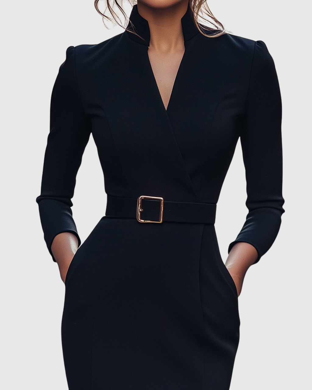 Women’s Midi Dress Sophisticated Mock Wrap Design with Functional Pockets 2