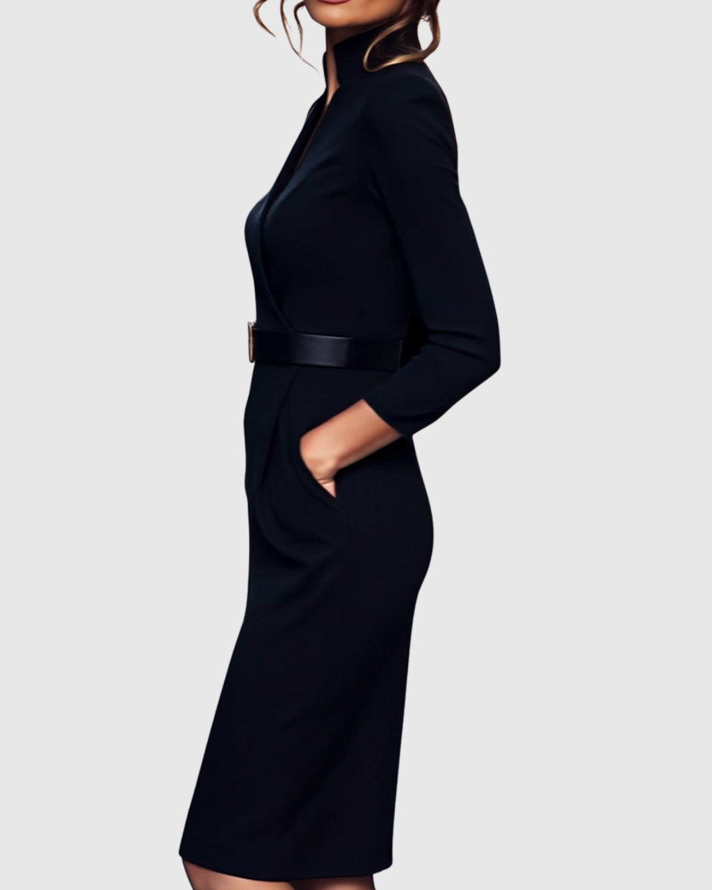 Women’s Midi Dress Sophisticated Mock Wrap Design with Functional Pockets 4