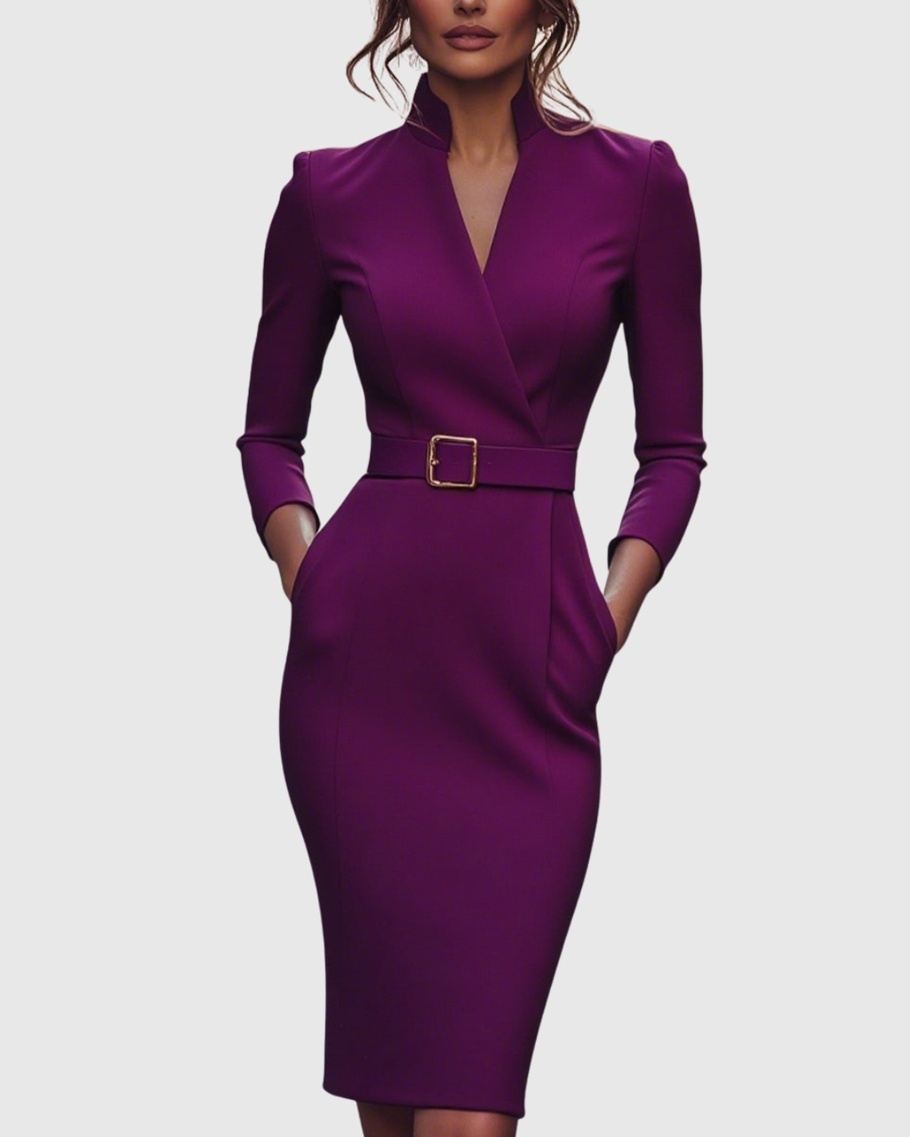 Women’s Midi Dress Sophisticated Mock Wrap Design with Functional Pockets 6