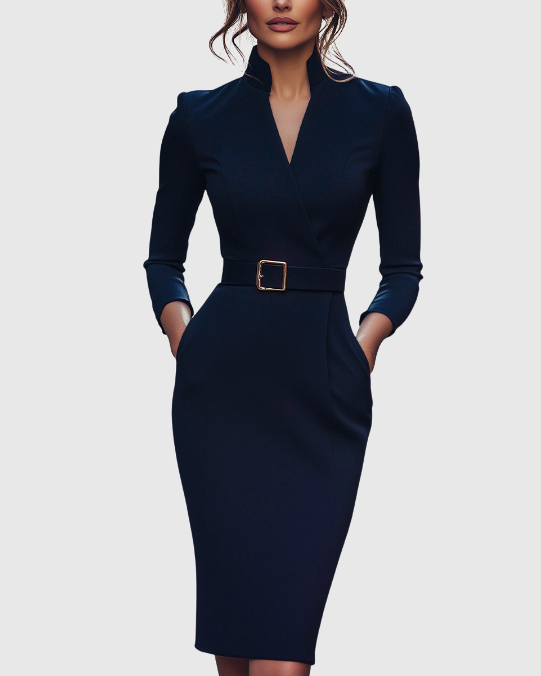Women’s Midi Dress Sophisticated Mock Wrap Design with Functional Pockets 7