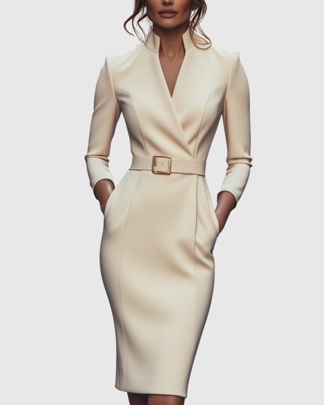 Women’s Midi Dress Sophisticated Mock Wrap Design with Functional Pockets 9
