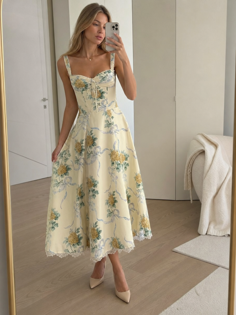 Women’s Midi Dress Structured Corset Bodice Elegant Style 0