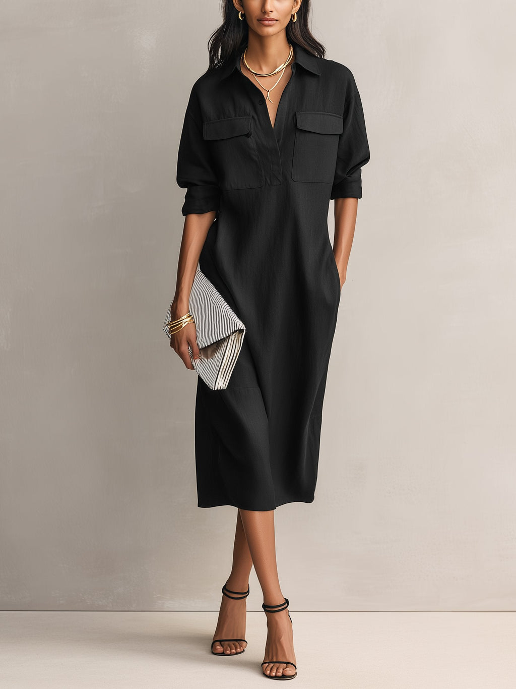 Women’s Midi Shirt Dress Breathable Cotton Linen Blend 0