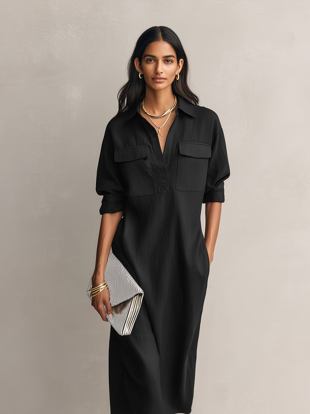 Women’s Midi Shirt Dress Breathable Cotton Linen Blend 1