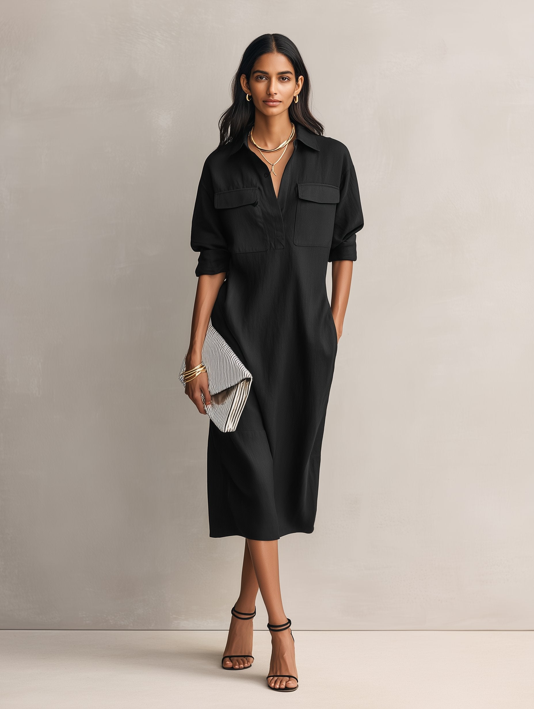 Women’s Midi Shirt Dress Breathable Cotton Linen Blend 2