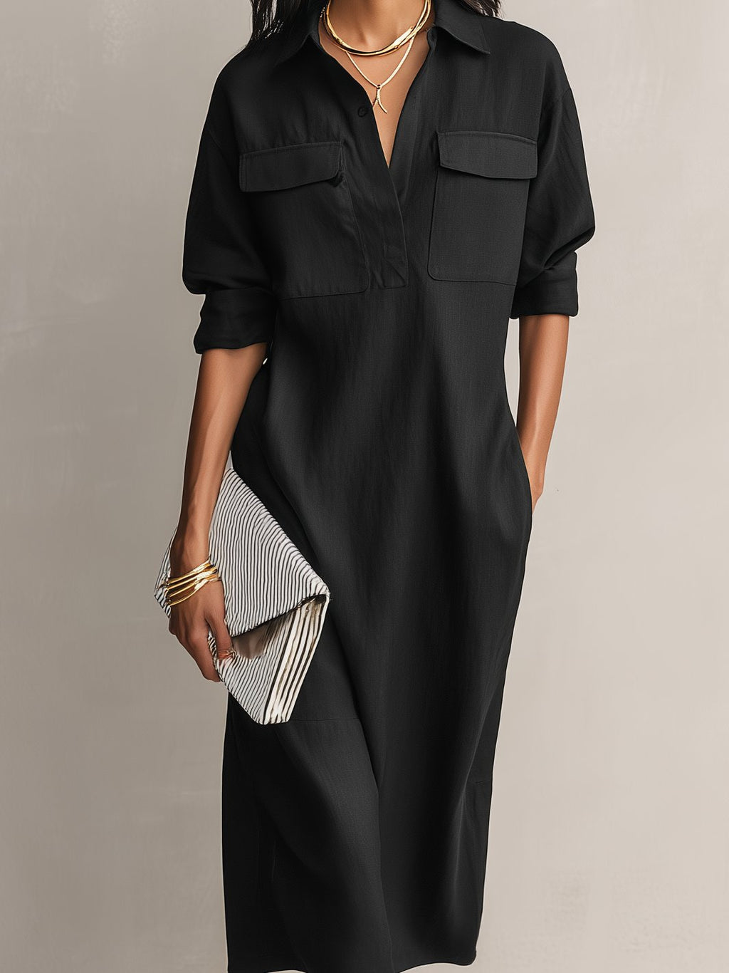 Women’s Midi Shirt Dress Breathable Cotton Linen Blend 3