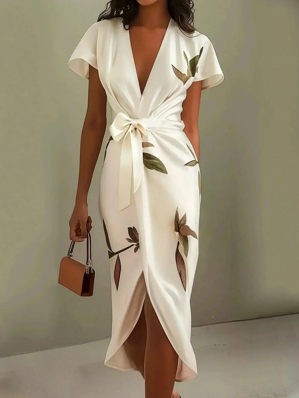 Women’s Midi Wrap Dress Elegant V-Neck Floral Design 0