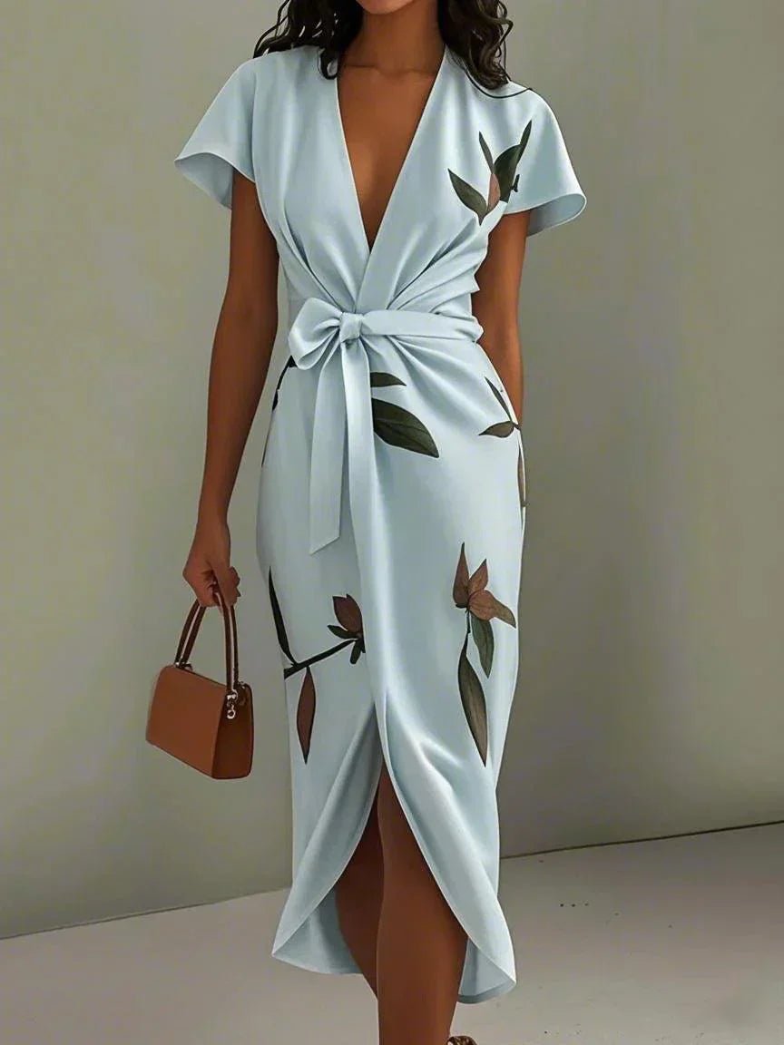 Women’s Midi Wrap Dress Elegant V-Neck Floral Design 1