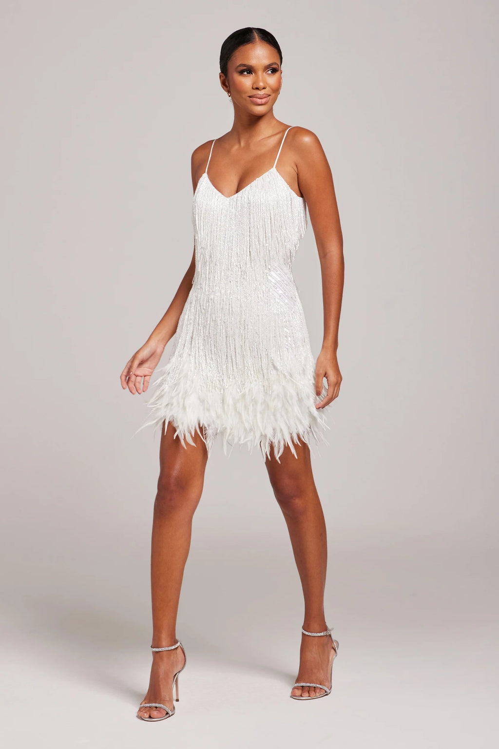 Women’s Mini Cocktail Dress Elegant Fringe and Feather Design 1