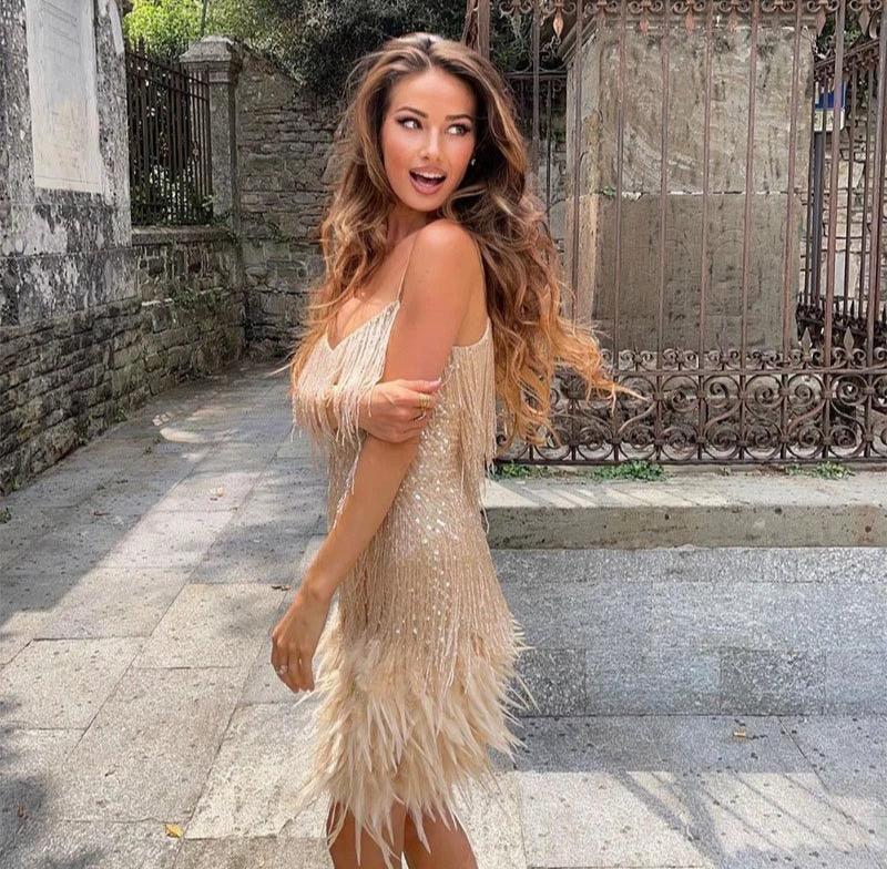 Women’s Mini Cocktail Dress Elegant Fringe and Feather Design 7