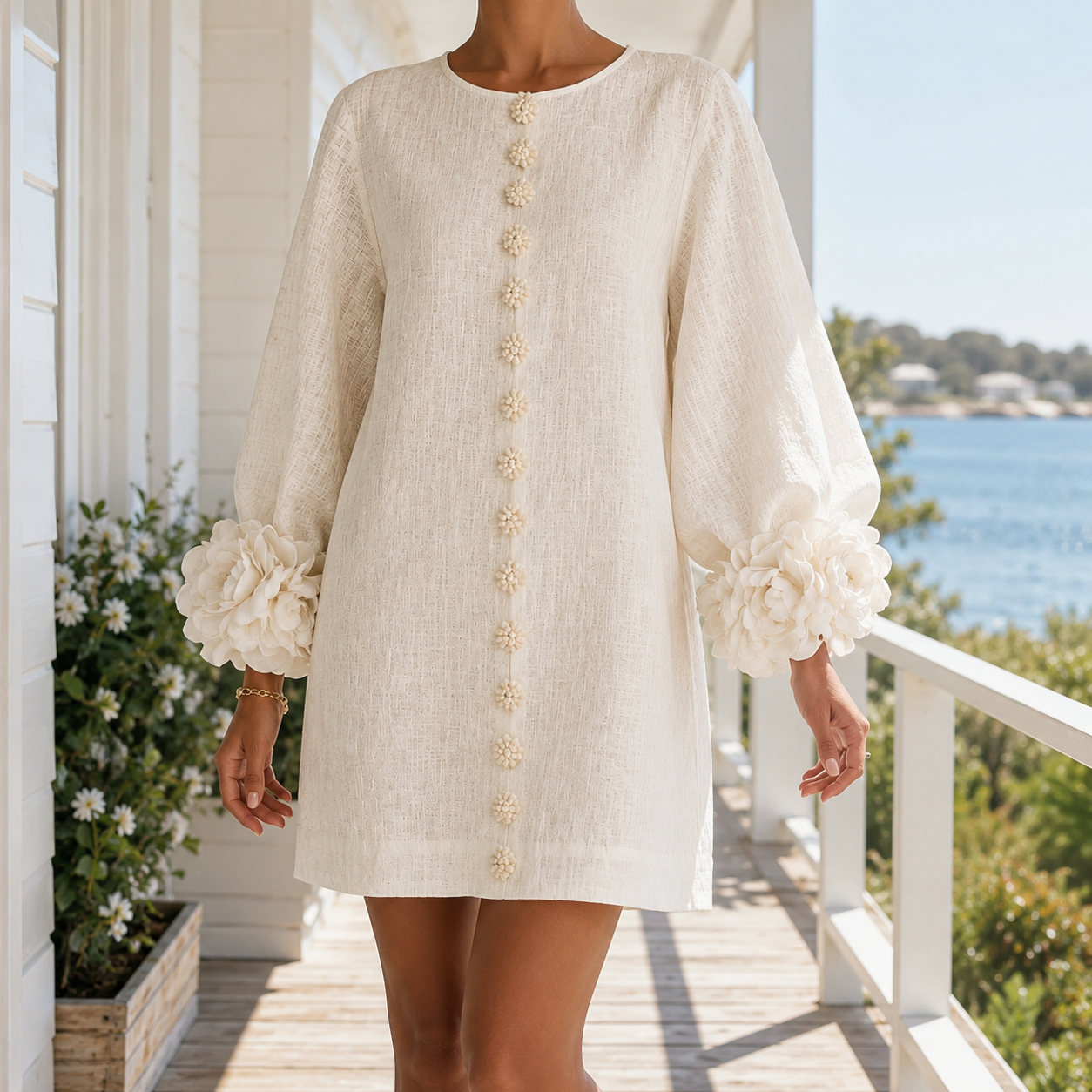 Women’s Mini Dress with Sculpted Rosette Cuffs Romantic Style 0