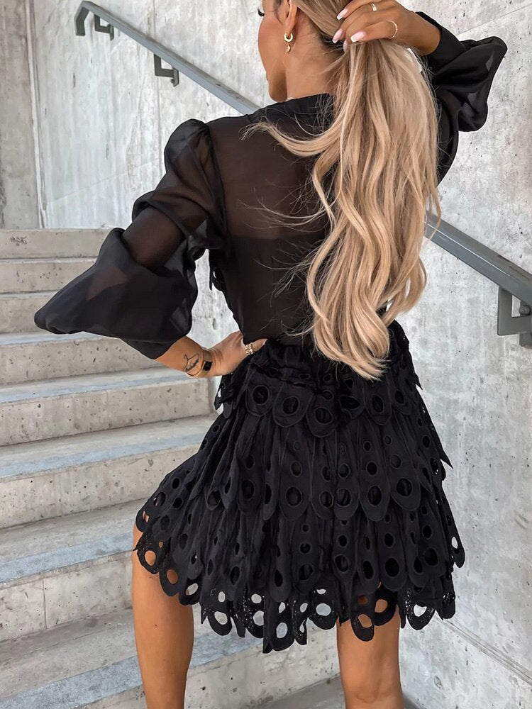 Women’s Mini Dress with Sheer Sleeves and Cutwork Detail 3