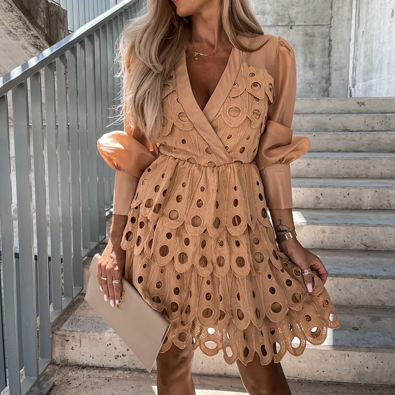 Women’s Mini Dress with Sheer Sleeves and Cutwork Detail 4