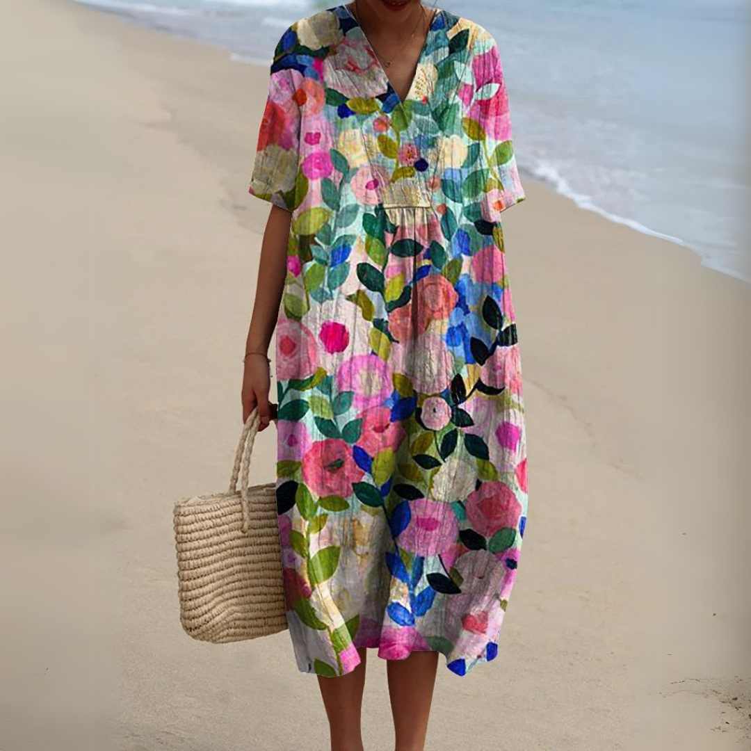 Women’s Multicolor V-Neck Dress Lightweight Summer Style 0