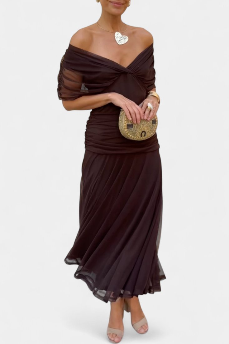 Women’s Off-Shoulder Midi Dress Elegant Chiffon Design 1