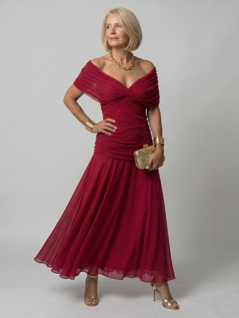 Women’s Off Shoulder Midi Dress Draped Neckline Design 9
