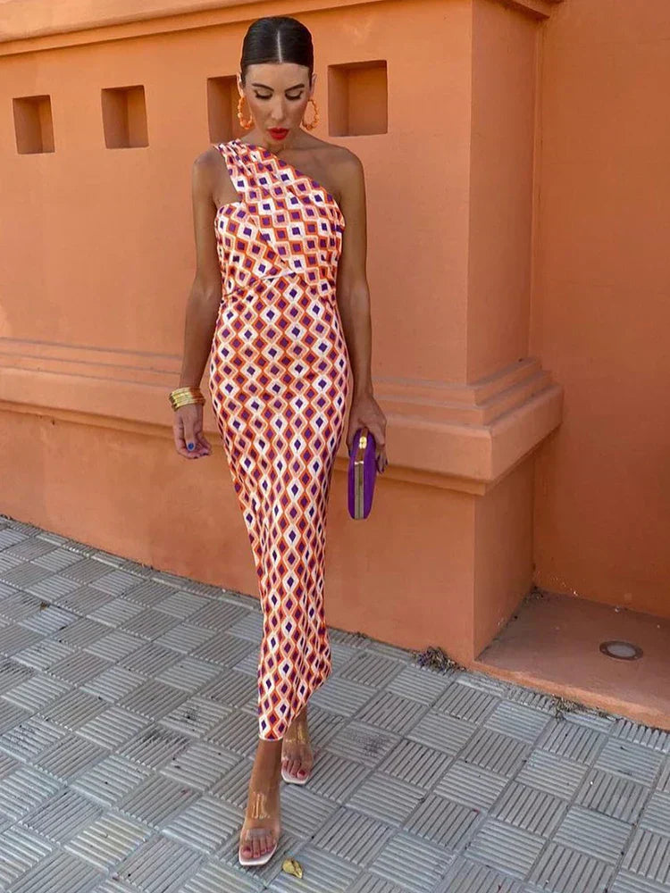 Women’s One-Shoulder Printed Dress Modern Elegant Style 0