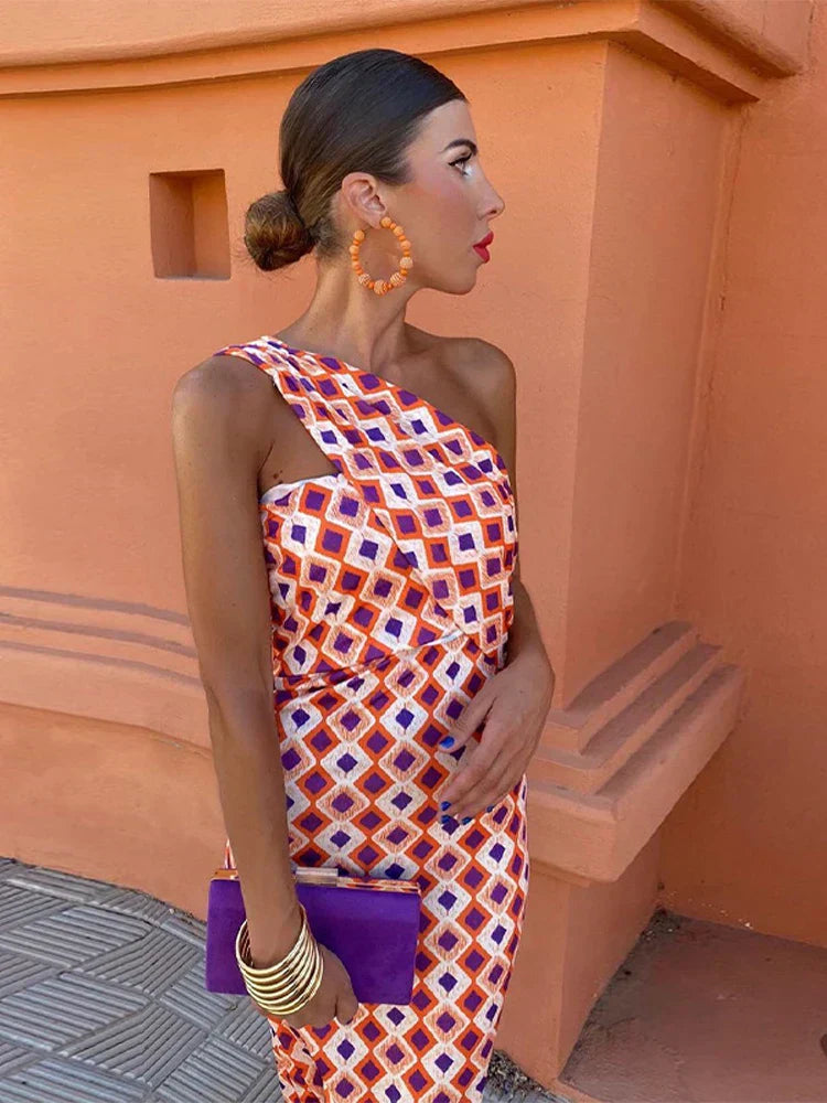 Women’s One-Shoulder Printed Dress Modern Elegant Style 1