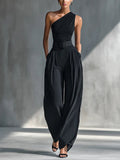 Women’s One-Shoulder Trouser Set Elegant Knit Top and Wide-Leg Trousers 0
