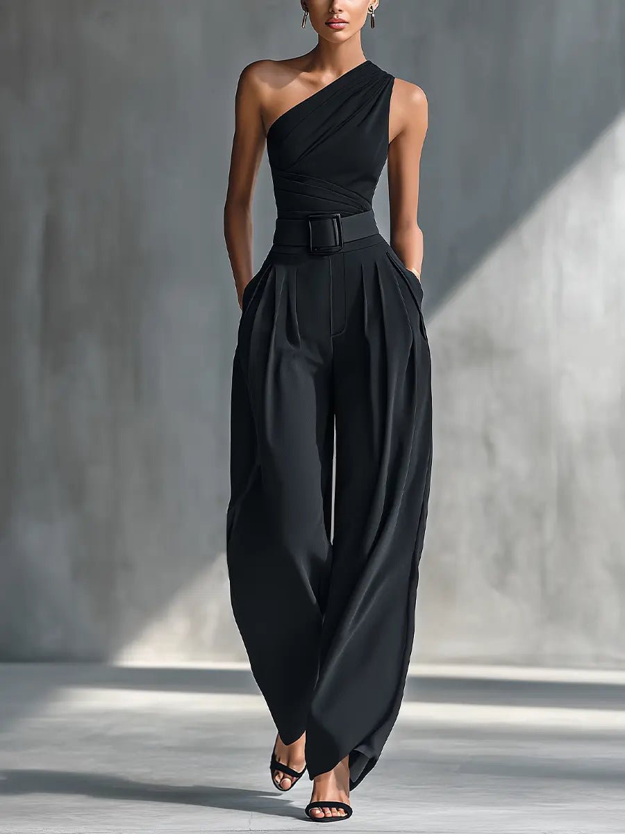 Women’s One-Shoulder Trouser Set Elegant Knit Top and Wide-Leg Trousers 0
