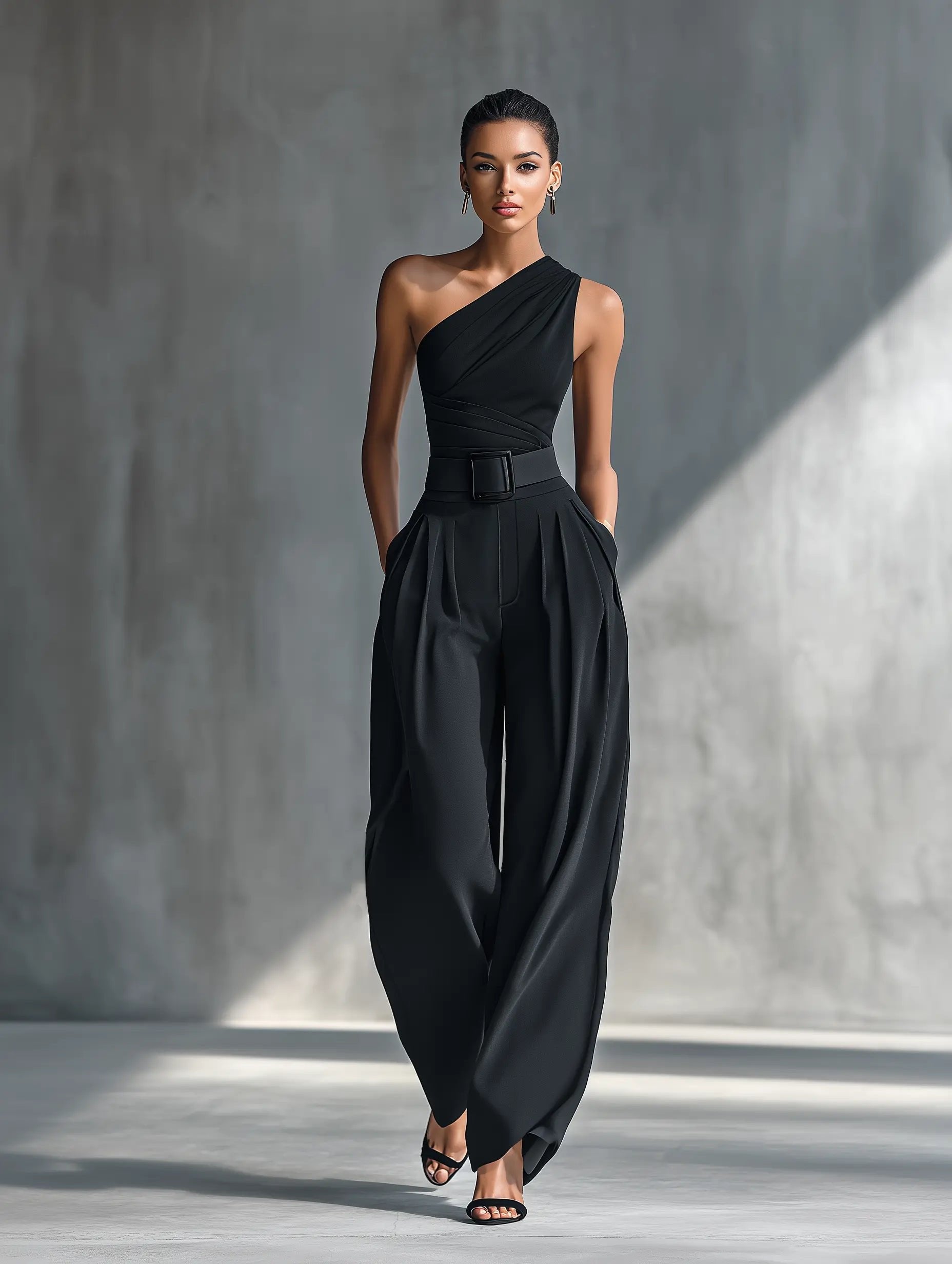 Women’s One-Shoulder Trouser Set Elegant Knit Top and Wide-Leg Trousers 1