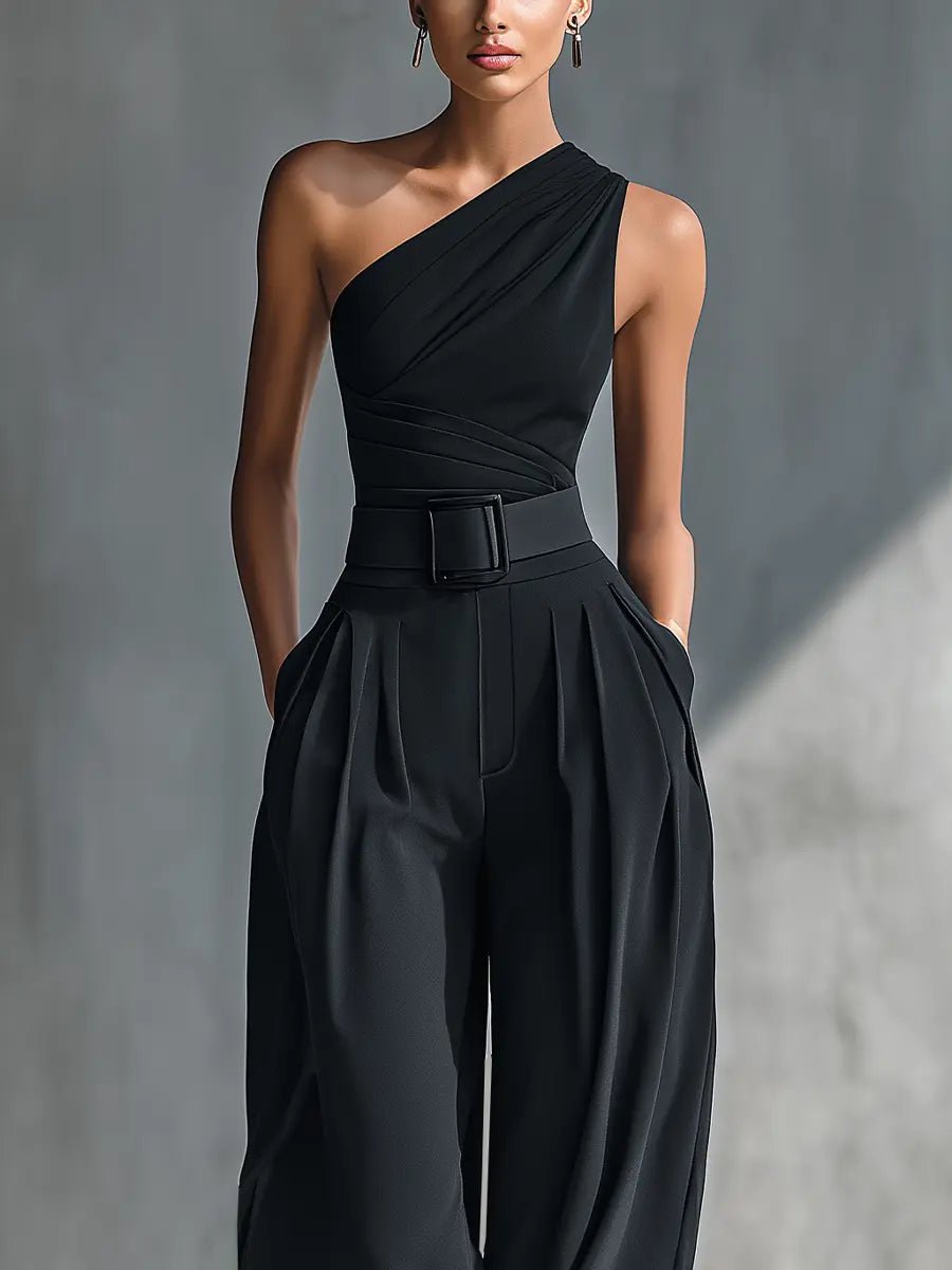 Women’s One-Shoulder Trouser Set Elegant Knit Top and Wide-Leg Trousers 2