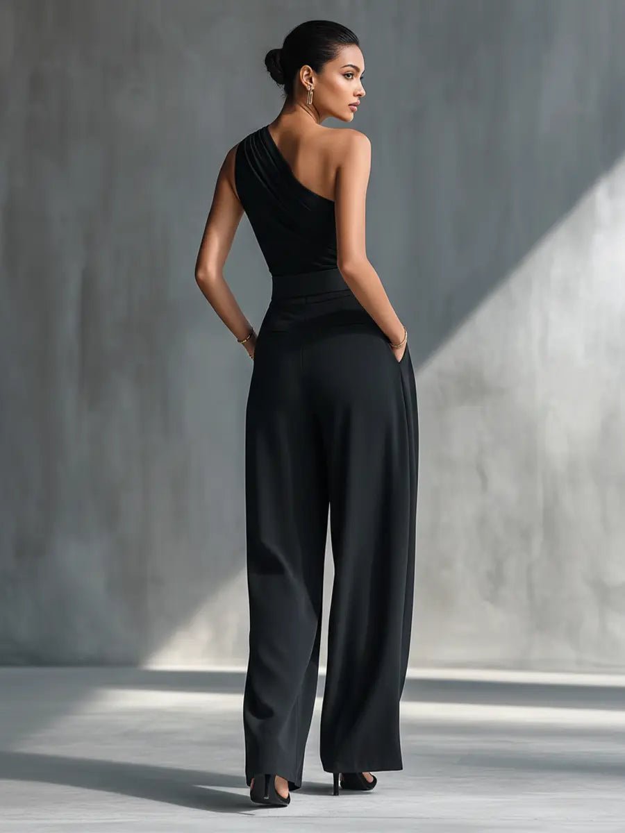 Women’s One-Shoulder Trouser Set Elegant Knit Top and Wide-Leg Trousers 4