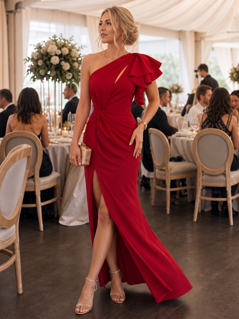 Women’s One Shoulder Midi Dress Elegant Draped Bodice Design 4