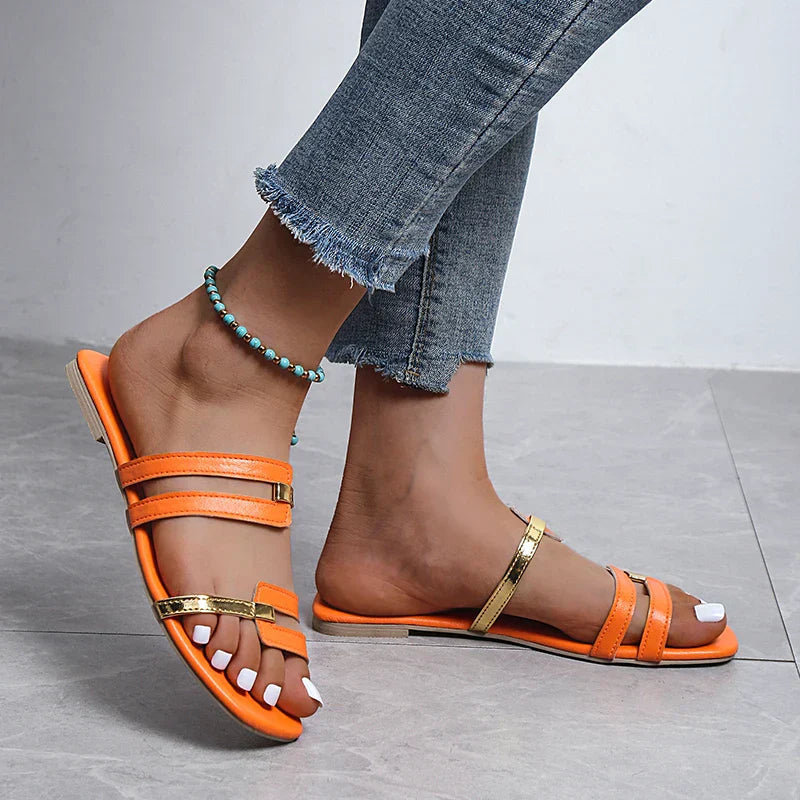 Women’s Open Toe Flat Sandals Dual Strap Design with Gold Accents 1