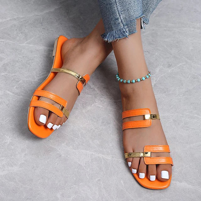 Women’s Open Toe Flat Sandals Dual Strap Design with Gold Accents 2