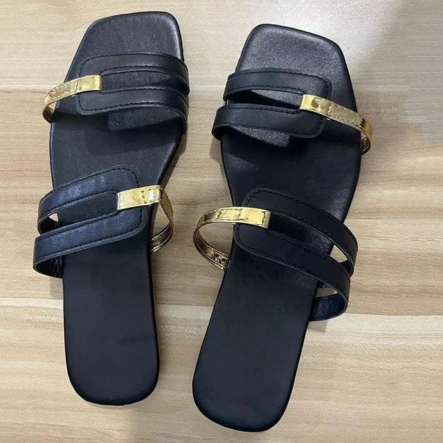 Women’s Open Toe Flat Sandals Dual Strap Design with Gold Accents 3