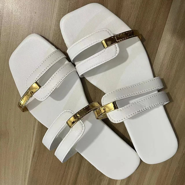 Women’s Open Toe Flat Sandals Dual Strap Design with Gold Accents 4