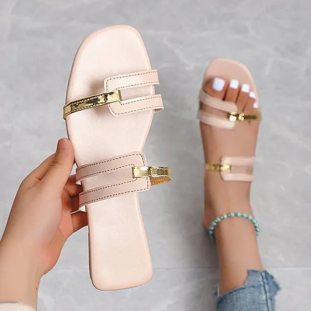 Women’s Open Toe Flat Sandals Dual Strap Design with Gold Accents 5