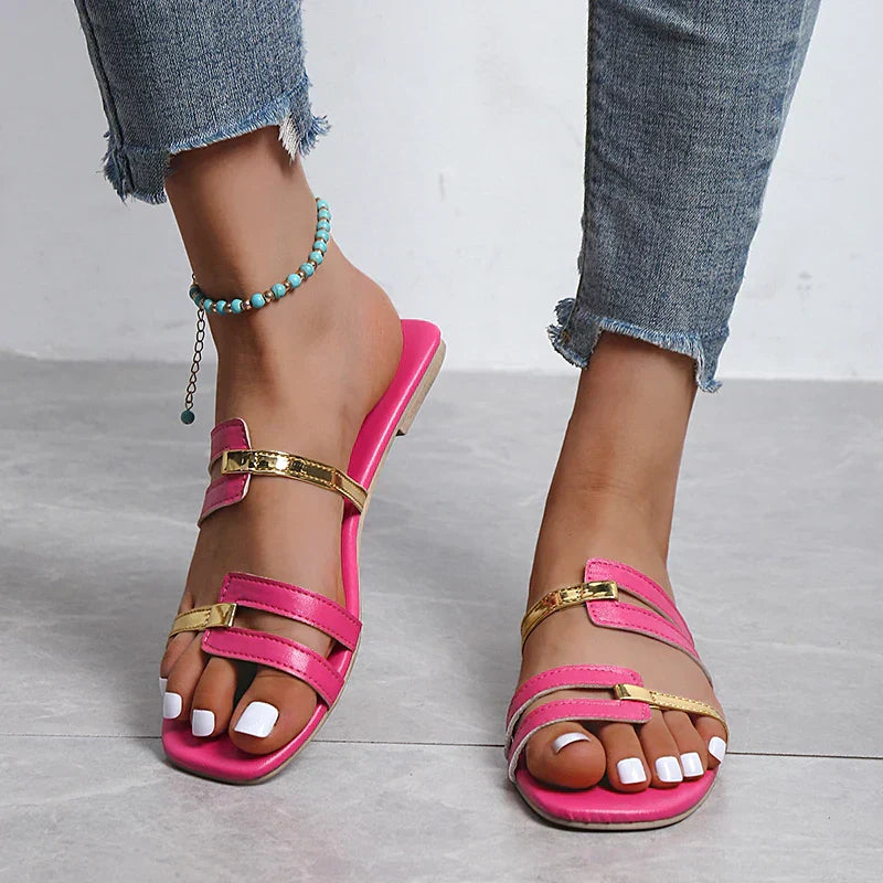 Women’s Open Toe Flat Sandals Dual Strap Design with Gold Accents 6