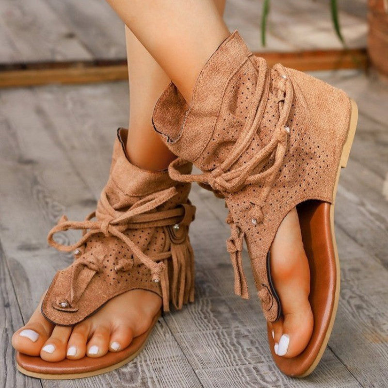 Women’s Open Toe Flat Sandals with Decorative Fringe and Adjustable Laces 0