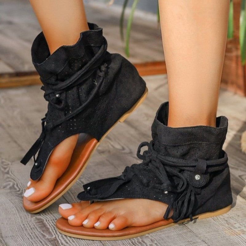 Women’s Open Toe Flat Sandals with Decorative Fringe and Adjustable Laces 1