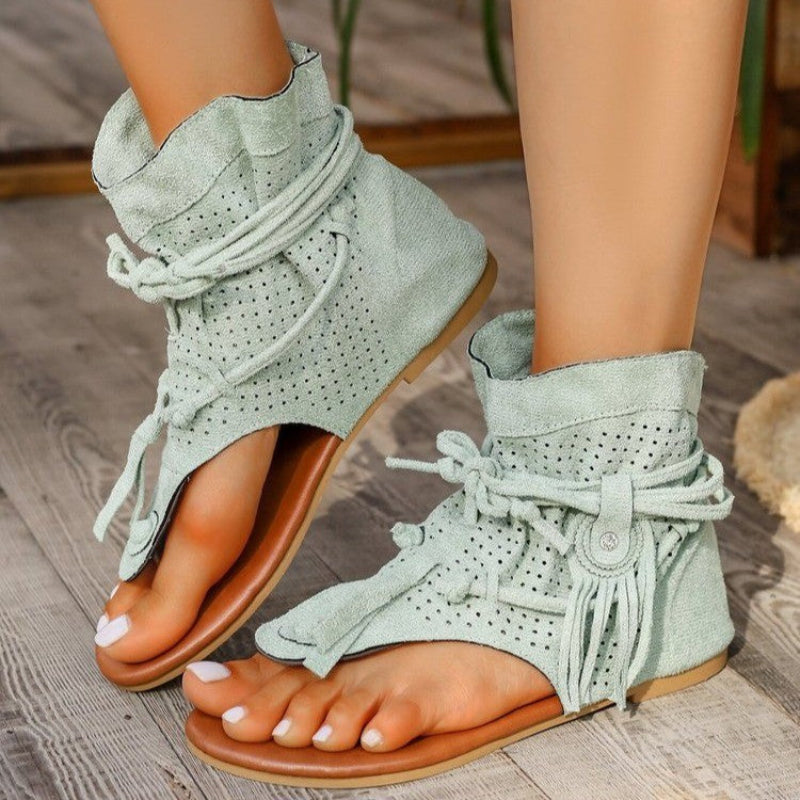 Women’s Open Toe Flat Sandals with Decorative Fringe and Adjustable Laces 2