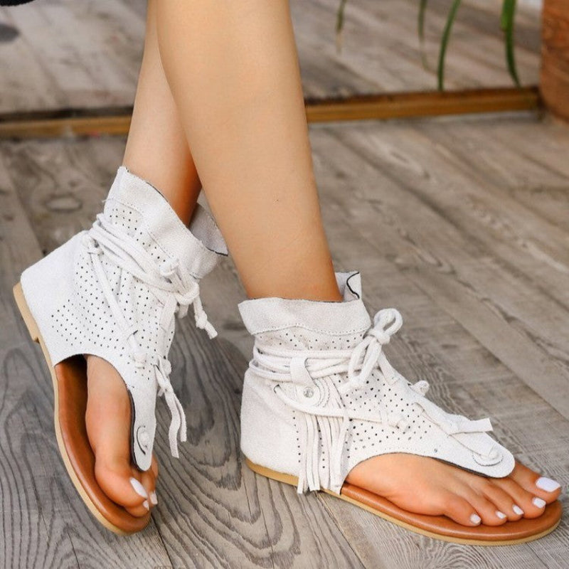 Women’s Open Toe Flat Sandals with Decorative Fringe and Adjustable Laces 3